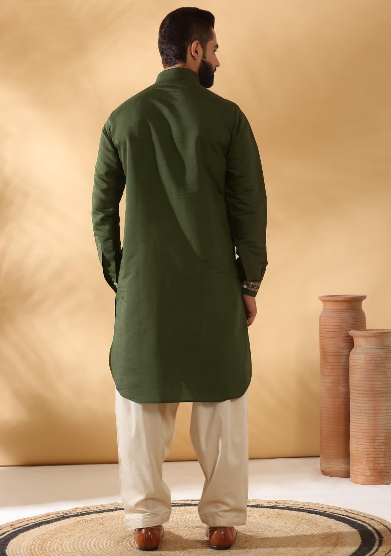 Green Yoke Design Cotton Silk Kurta Set For Men