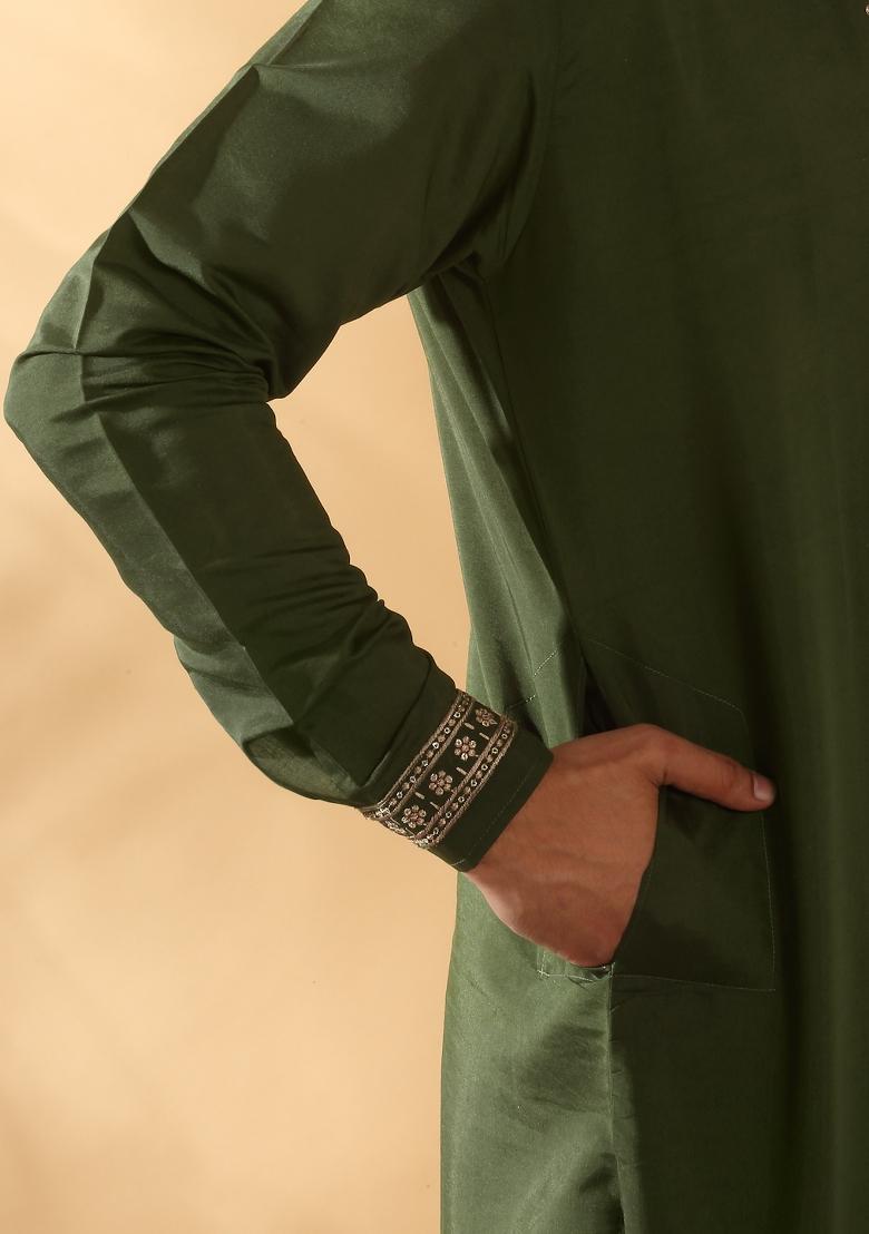 Green Yoke Design Cotton Silk Kurta Set For Men - Indya