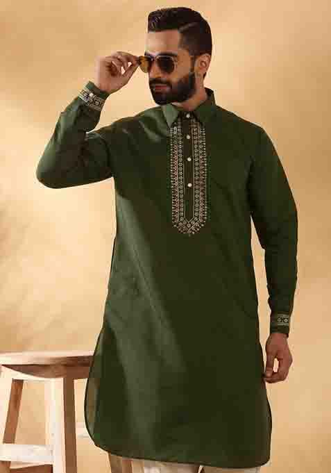 Green Yoke Design Cotton Silk Kurta Set For Men