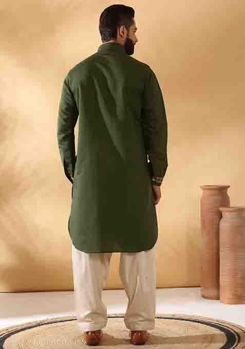 Green Yoke Design Cotton Silk Kurta Set For Men