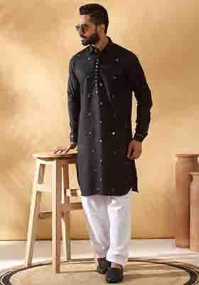 Black Embroidered Cotton Kurta Set For Men