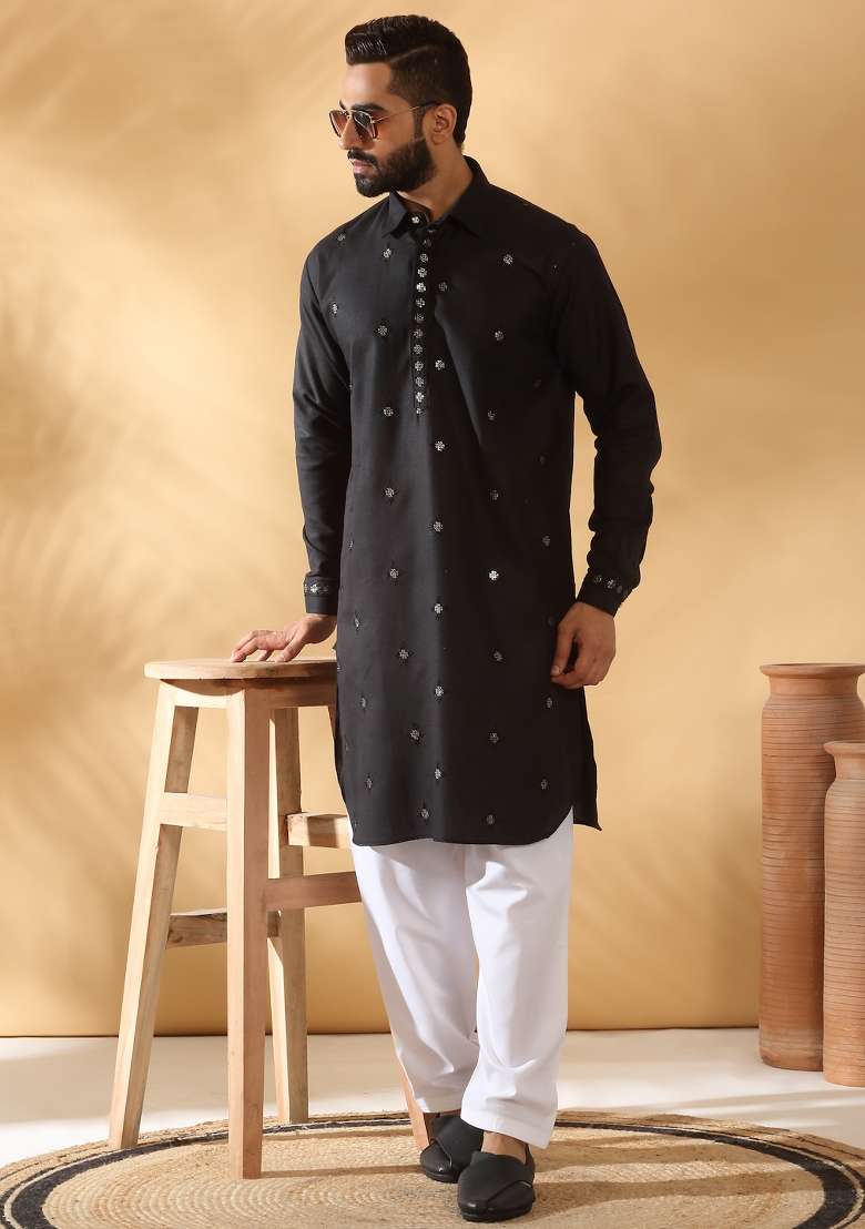 Black Embroidered Cotton Kurta Set For Men - Indya