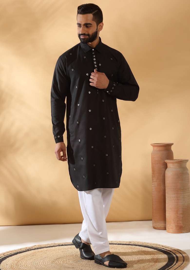 Black Embroidered Cotton Kurta Set For Men - Indya