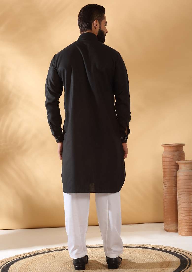 Black Embroidered Cotton Kurta Set For Men - Indya