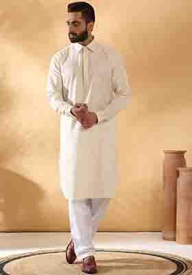 Cream Embroidered Cotton Kurta Set For Men