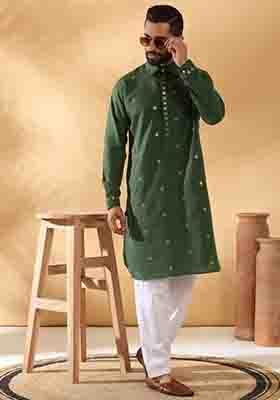 Green Embroidered Cotton Kurta Set For Men