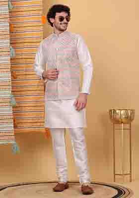 Cream Embroidered Silk Blend Nehru Jacket Set For Men