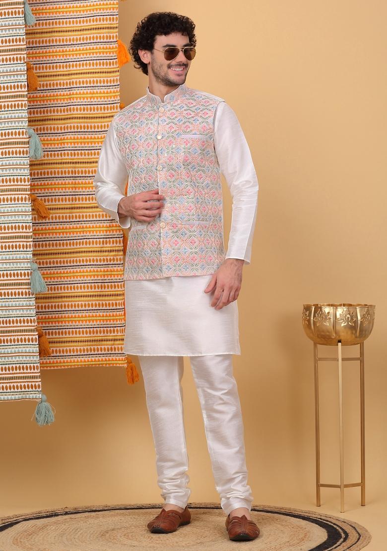 Cream Embroidered Silk Blend Nehru Jacket Set For Men