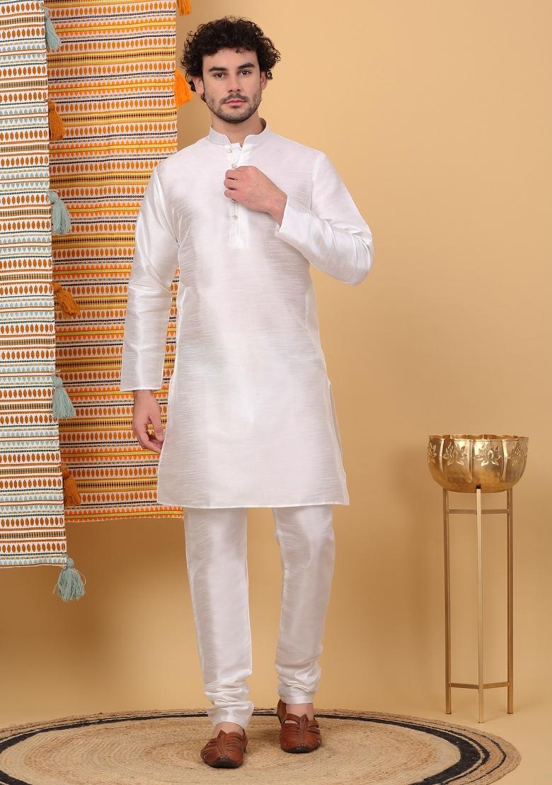 Cream Embroidered Silk Blend Nehru Jacket Set For Men