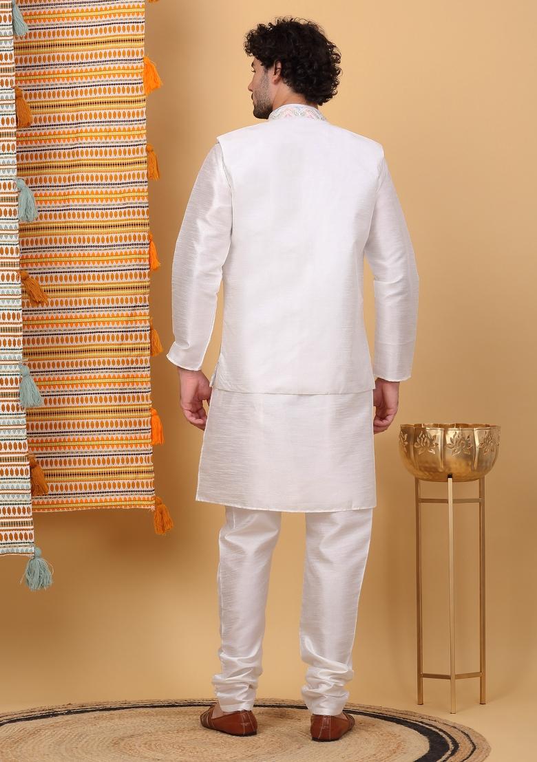 Cream Embroidered Silk Blend Nehru Jacket Set For Men
