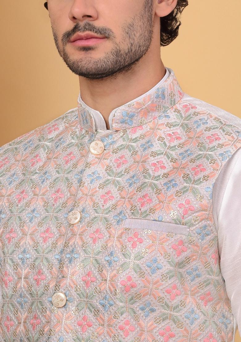 Cream Embroidered Silk Blend Nehru Jacket Set For Men
