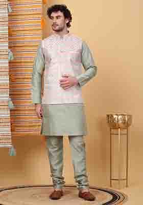 Olive And Cream Embroidered Silk Blend Nehru Jacket Set For Men