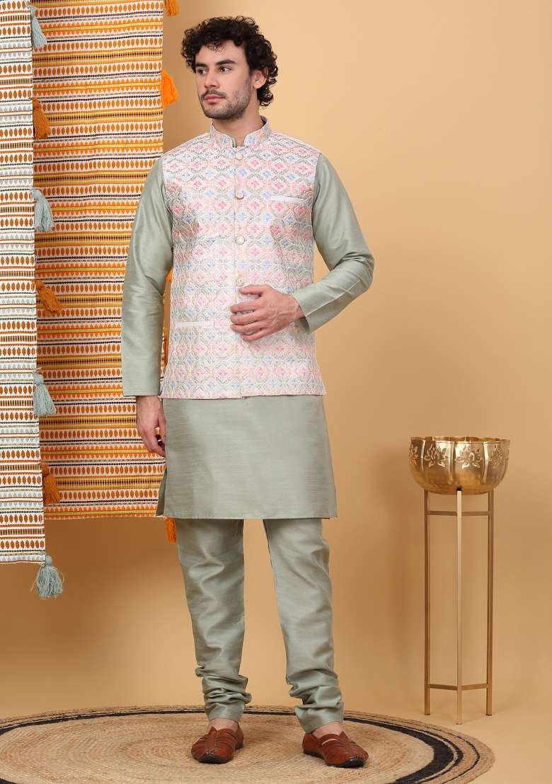 Olive And Cream Embroidered Silk Blend Nehru Jacket Set For Men - Indya