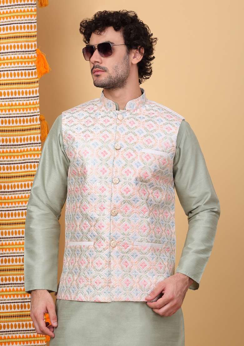 Olive And Cream Embroidered Silk Blend Nehru Jacket Set For Men - Indya
