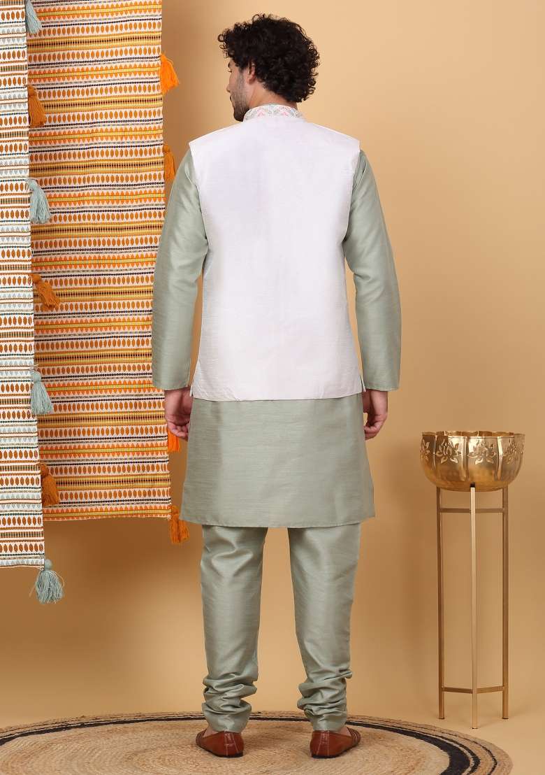 Olive And Cream Embroidered Silk Blend Nehru Jacket Set For Men - Indya
