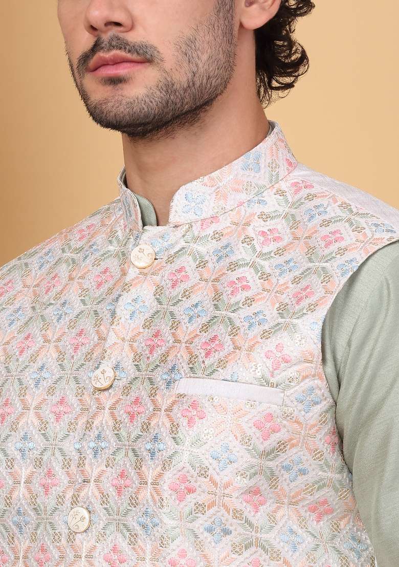 Olive And Cream Embroidered Silk Blend Nehru Jacket Set For Men - Indya