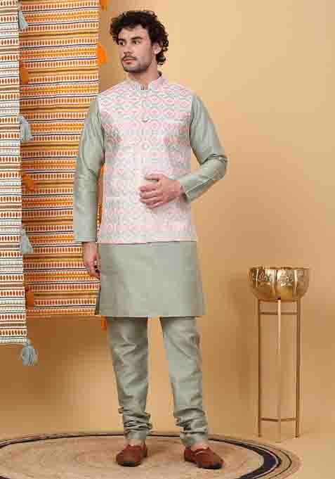 Olive And Cream Embroidered Silk Blend Nehru Jacket Set For Men