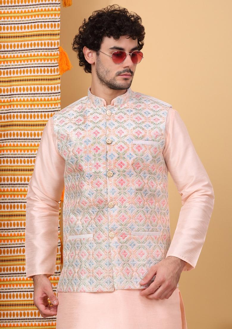 Peach And Cream Embroidered Silk Blend Nehru Jacket Set For Men