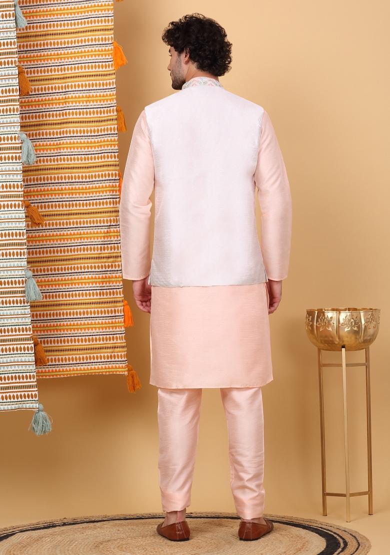 Peach And Cream Embroidered Silk Blend Nehru Jacket Set For Men