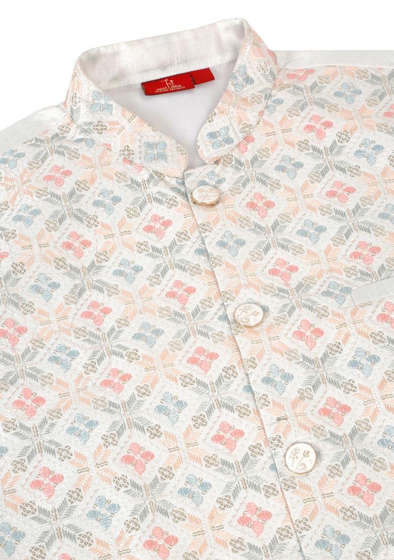Peach And Cream Embroidered Silk Blend Nehru Jacket Set For Men