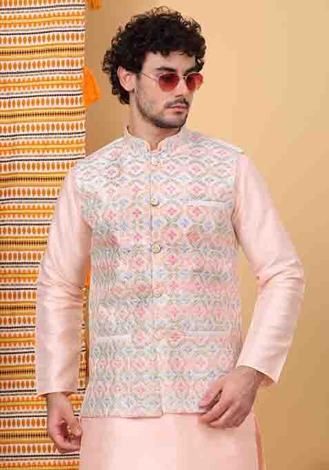 Peach And Cream Embroidered Silk Blend Nehru Jacket Set For Men