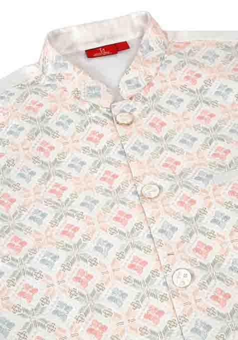 Peach And Cream Embroidered Silk Blend Nehru Jacket Set For Men