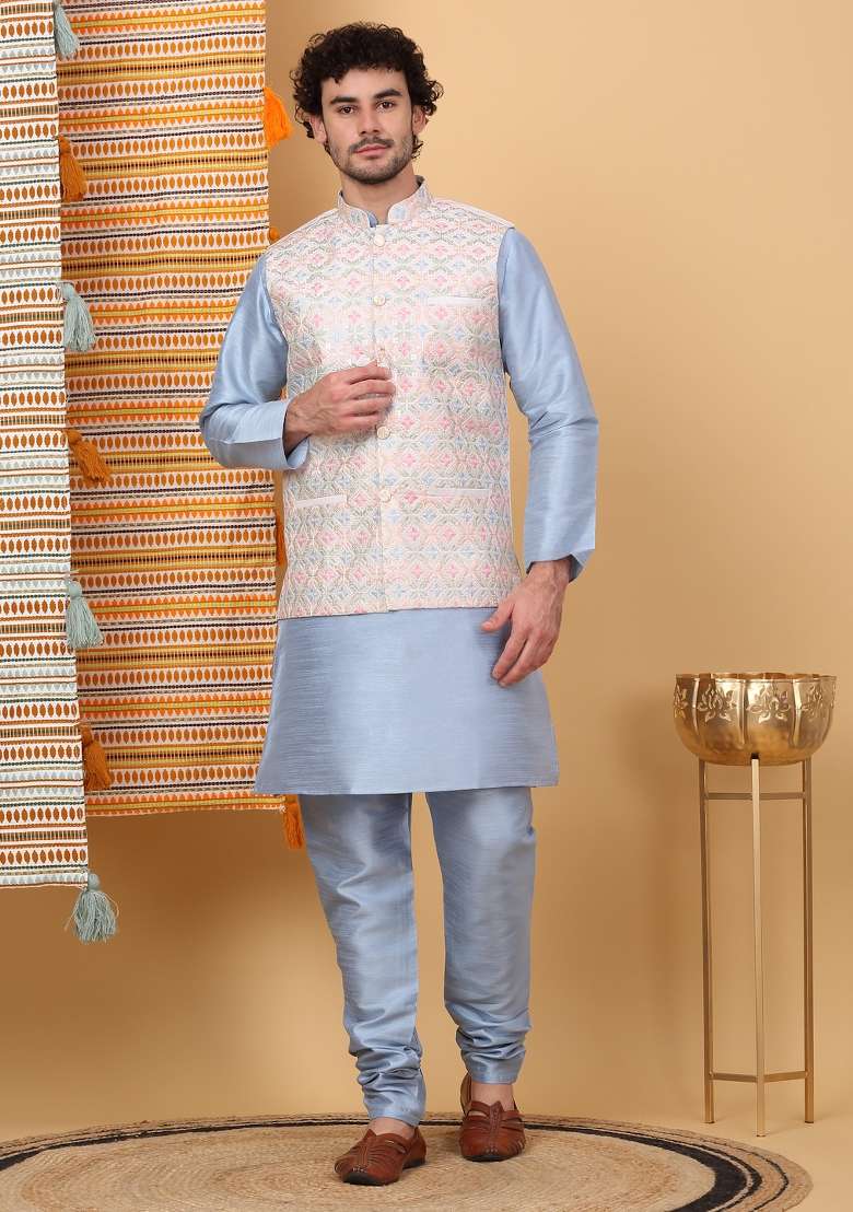 Blue And Cream Embroidered Silk Blend Nehru Jacket Set For Men - Indya