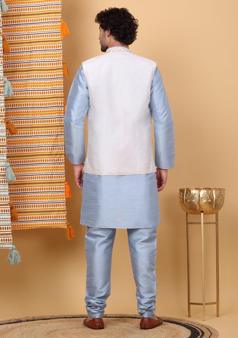 Blue And Cream Embroidered Silk Blend Nehru Jacket Set For Men - Indya