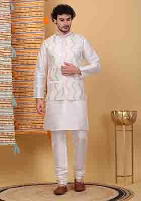 Cream Embroidered Silk Blend Nehru Jacket Set For Men