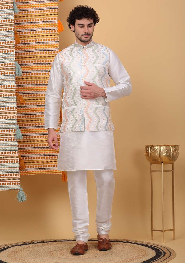 Cream Embroidered Silk Blend Nehru Jacket Set For Men - Indya