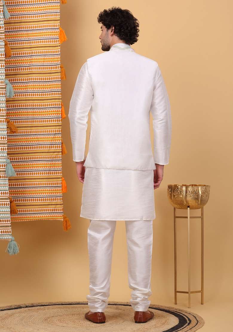 Cream Embroidered Silk Blend Nehru Jacket Set For Men - Indya
