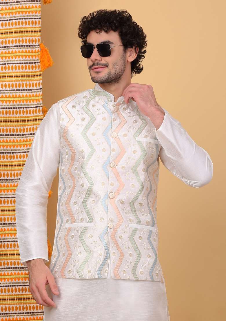 Cream Embroidered Silk Blend Nehru Jacket Set For Men - Indya