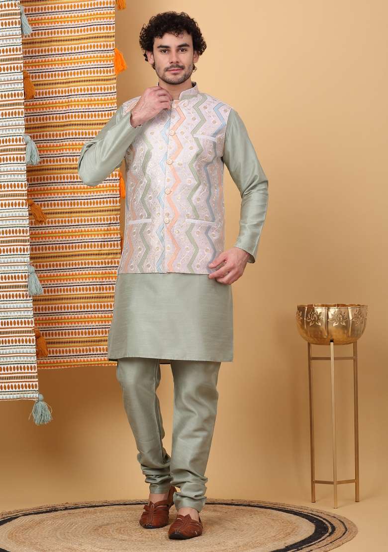 Olive And Cream Embroidered Silk Blend Nehru Jacket Set For Men - Indya