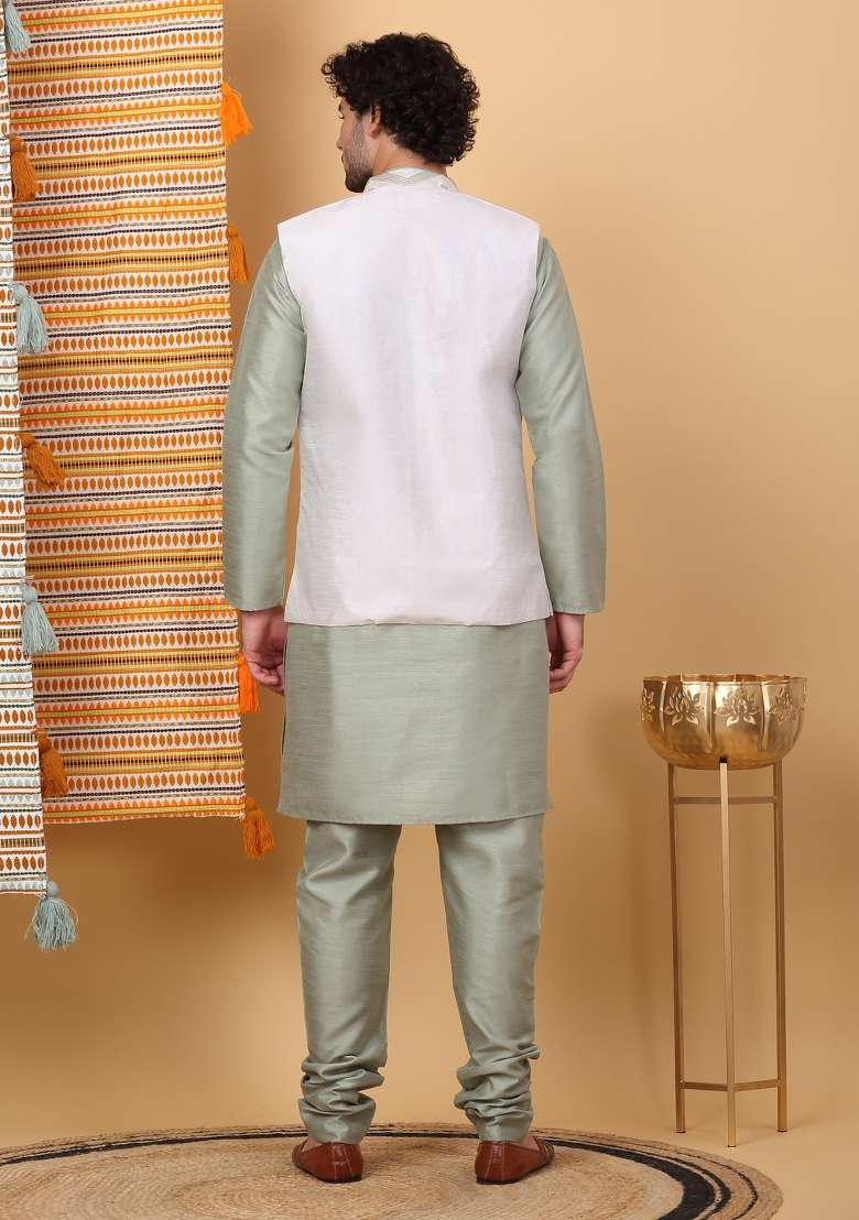 Olive And Cream Embroidered Silk Blend Nehru Jacket Set For Men - Indya