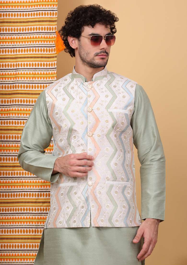Olive And Cream Embroidered Silk Blend Nehru Jacket Set For Men - Indya