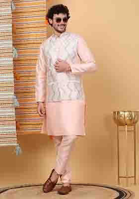 Peach And Cream Embroidered Silk Blend Nehru Jacket Set For Men