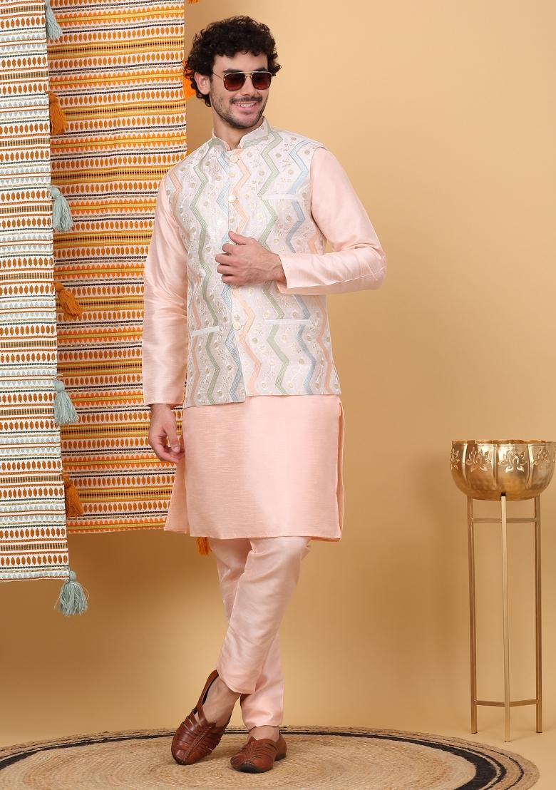 Peach And Cream Embroidered Silk Blend Nehru Jacket Set For Men