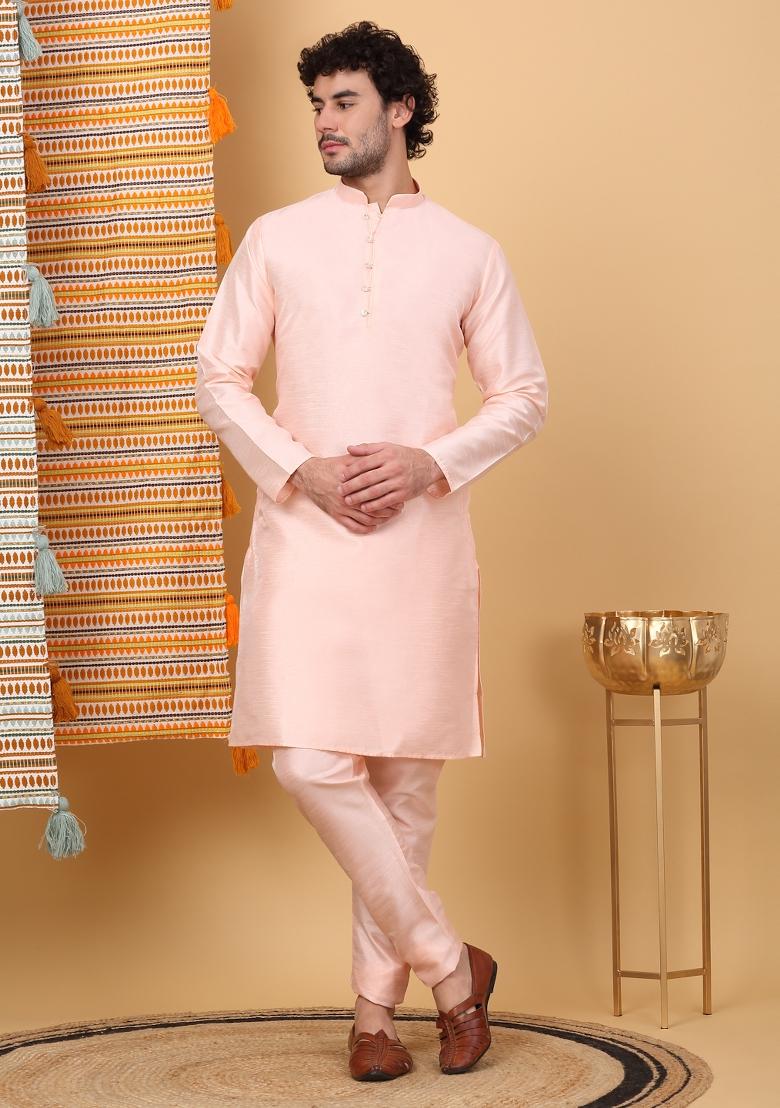 Peach And Cream Embroidered Silk Blend Nehru Jacket Set For Men