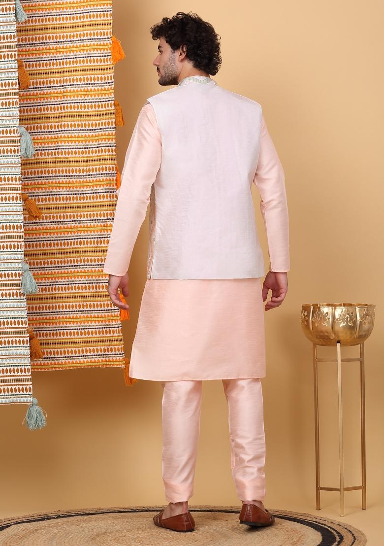 Peach And Cream Embroidered Silk Blend Nehru Jacket Set For Men