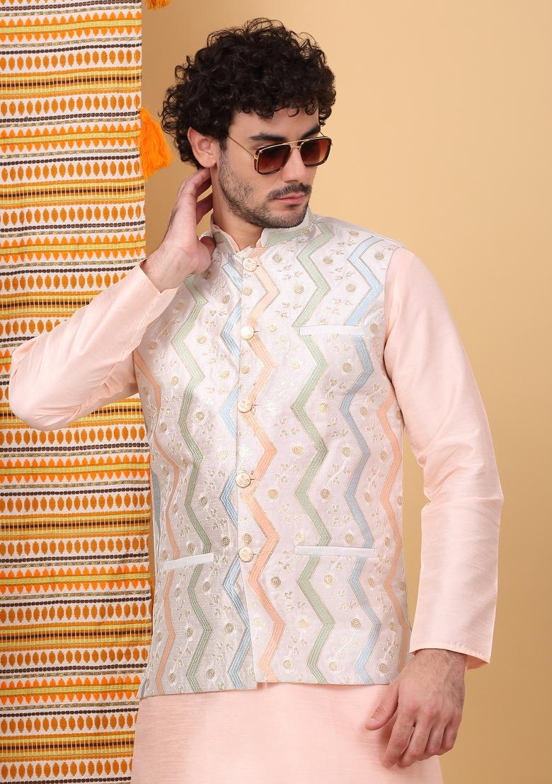 Peach And Cream Embroidered Silk Blend Nehru Jacket Set For Men