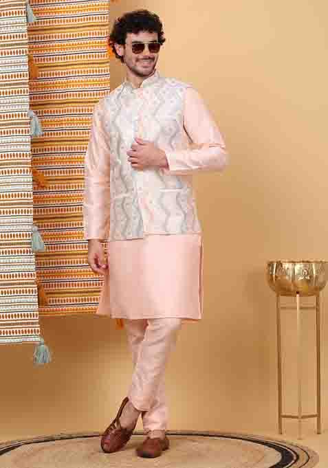 Peach And Cream Embroidered Silk Blend Nehru Jacket Set For Men