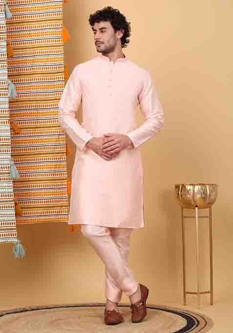 Peach And Cream Embroidered Silk Blend Nehru Jacket Set For Men