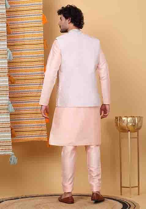 Peach And Cream Embroidered Silk Blend Nehru Jacket Set For Men