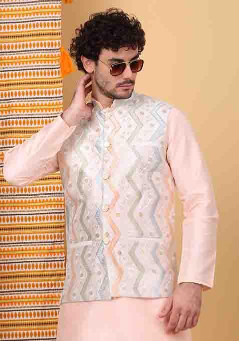 Peach And Cream Embroidered Silk Blend Nehru Jacket Set For Men