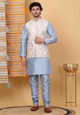 Blue And Cream Embroidered Silk Blend Nehru Jacket Set For Men