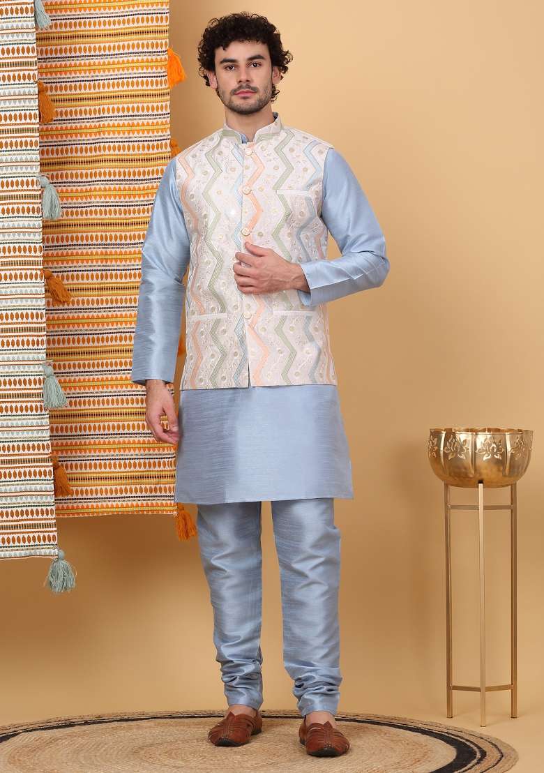 Blue And Cream Embroidered Silk Blend Nehru Jacket Set For Men - Indya