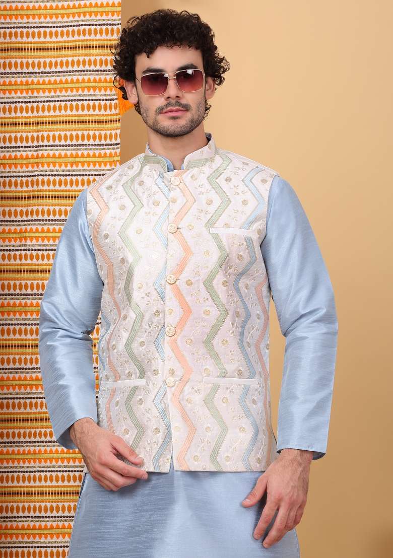 Blue And Cream Embroidered Silk Blend Nehru Jacket Set For Men - Indya