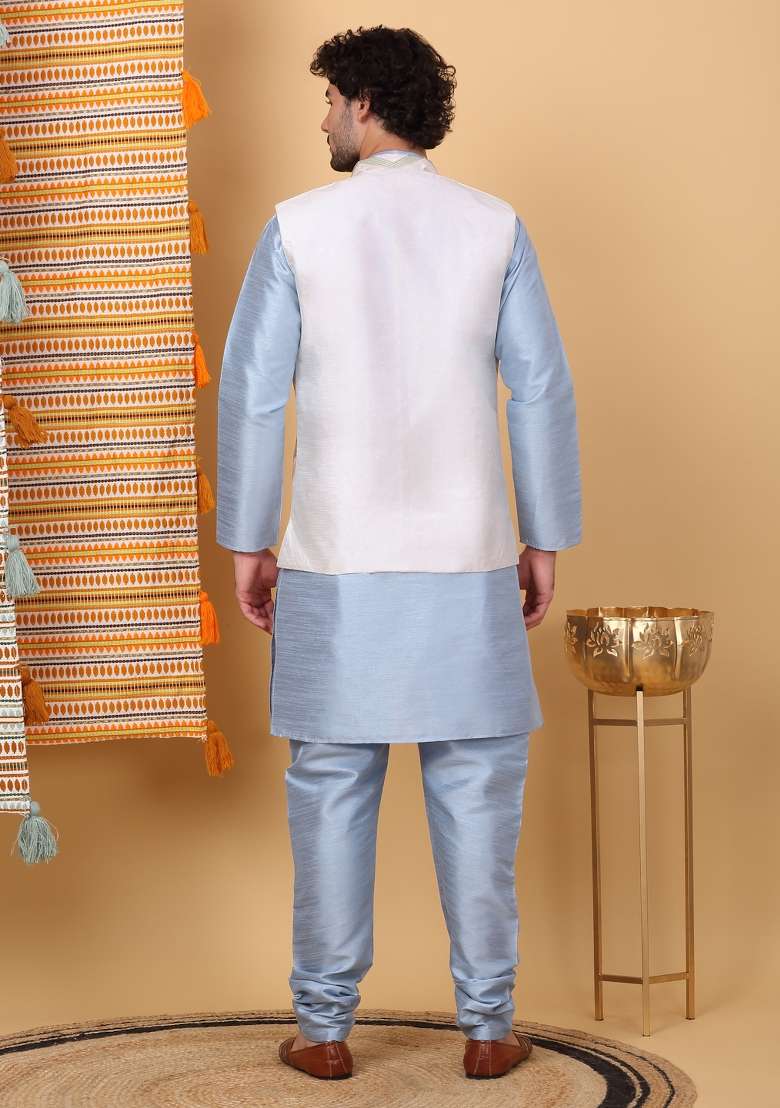 Blue And Cream Embroidered Silk Blend Nehru Jacket Set For Men - Indya