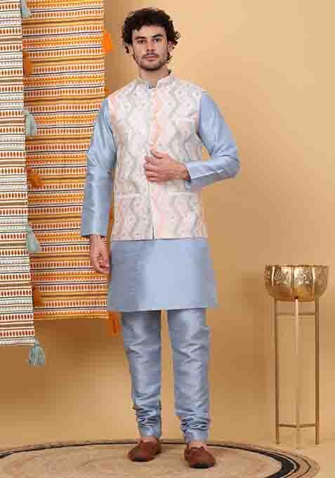 Blue And Cream Embroidered Silk Blend Nehru Jacket Set For Men