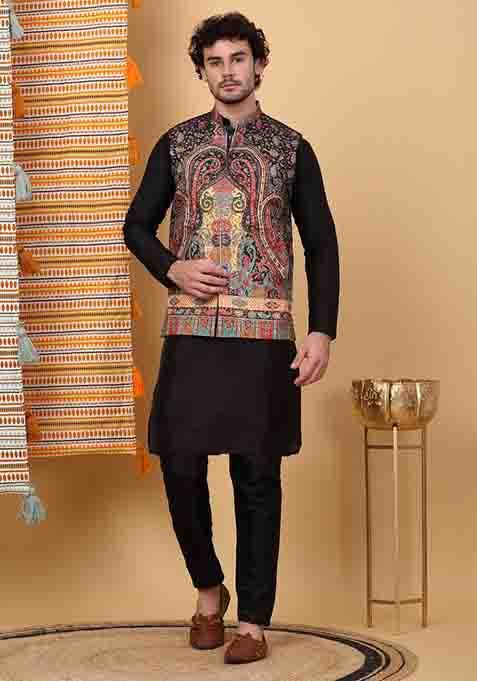 Black Paisley Print Silk Blend Nehru Jacket Set For Men